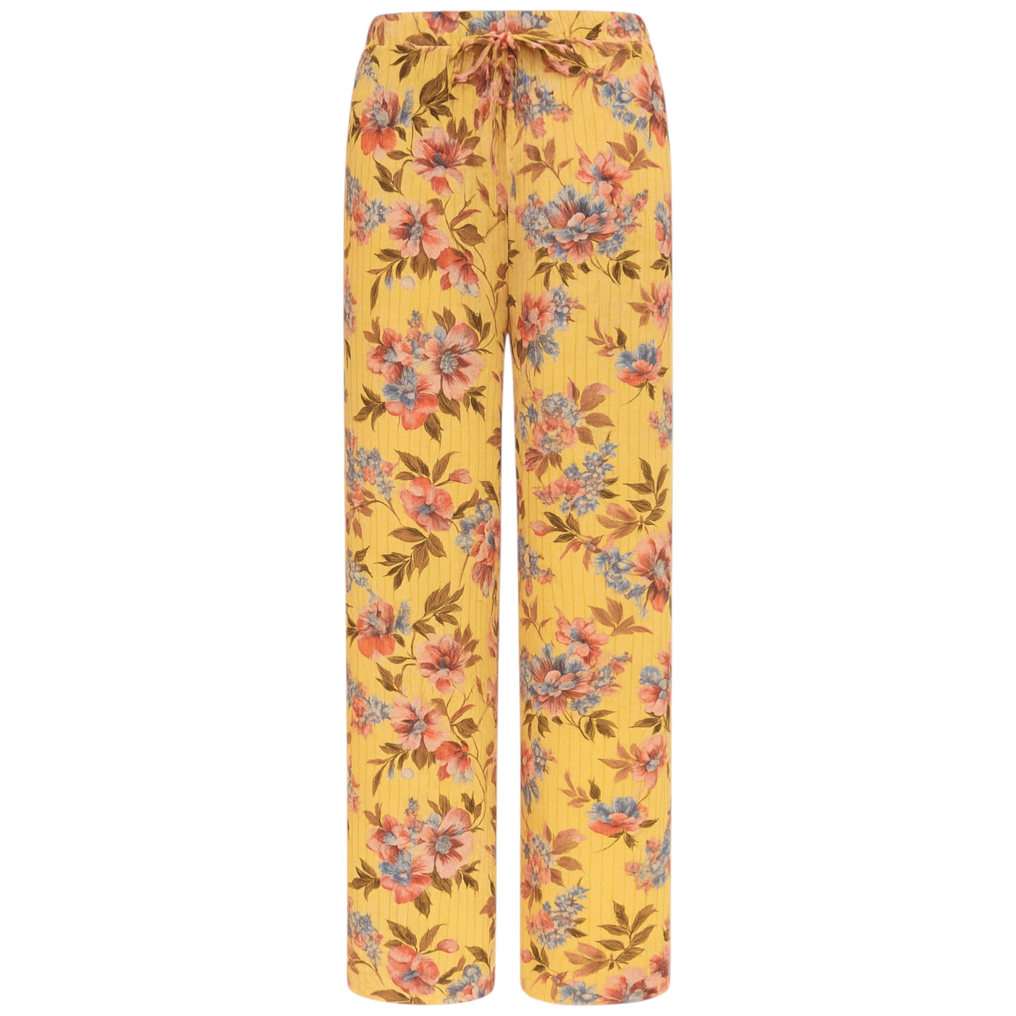Ladies floral palazzo trousers – lightweight wide leg summer pants with yellow background and pink flower pattern